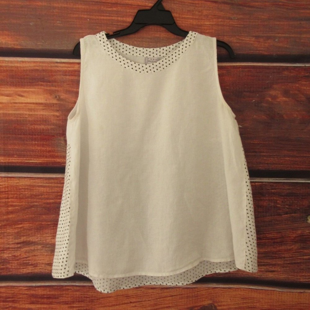 Match Point USA Linen top blouse white polka-dot Large sleeveless  top